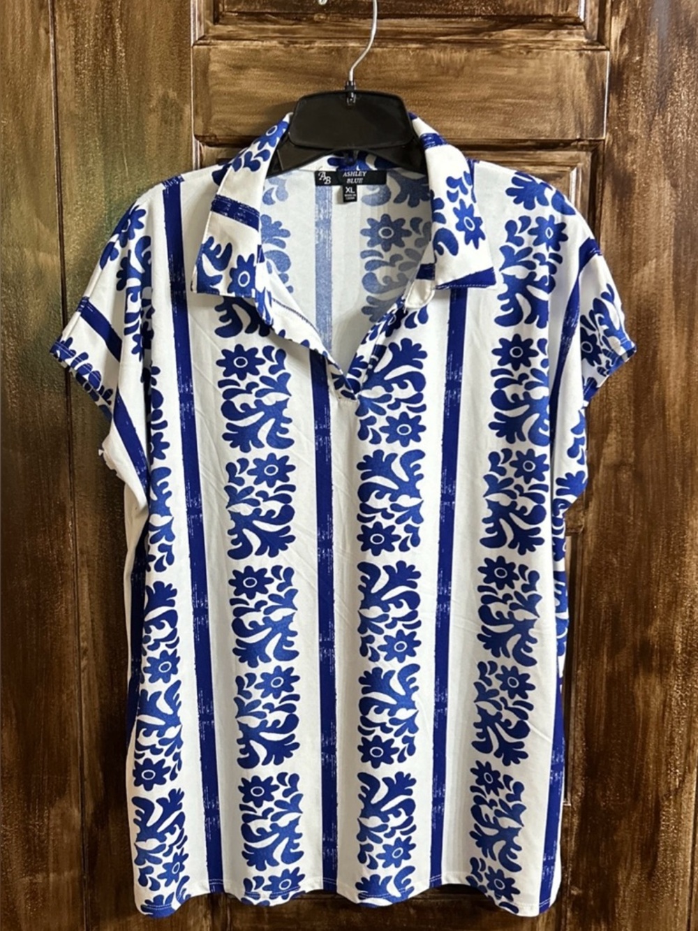 Ashley Blue Blue and White Floral Stripe Collared Shirt Size XL